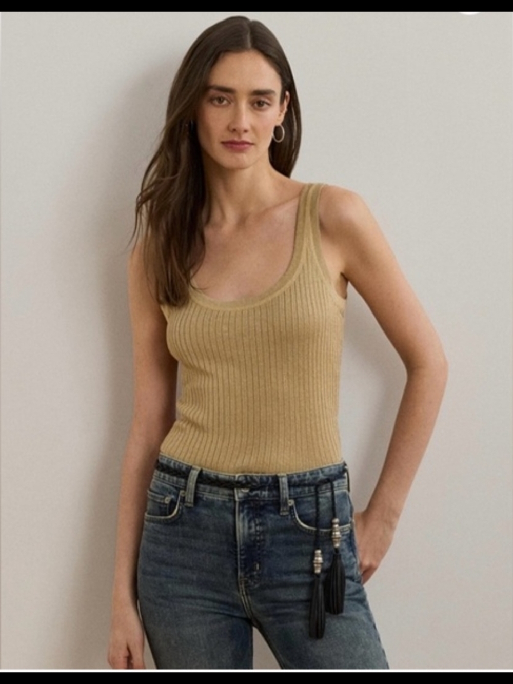 Lauren Ralph Lauren Tan Ribbed Knit Scoop Neck Sleeveless Sweater Top